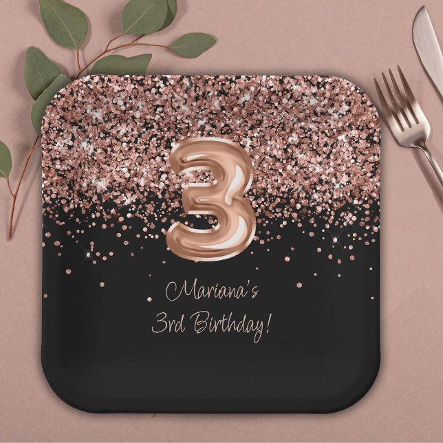 Assiettes En Carton Rose Gold Black 3ème fête d'anniversaire (Créateur téléchargé)