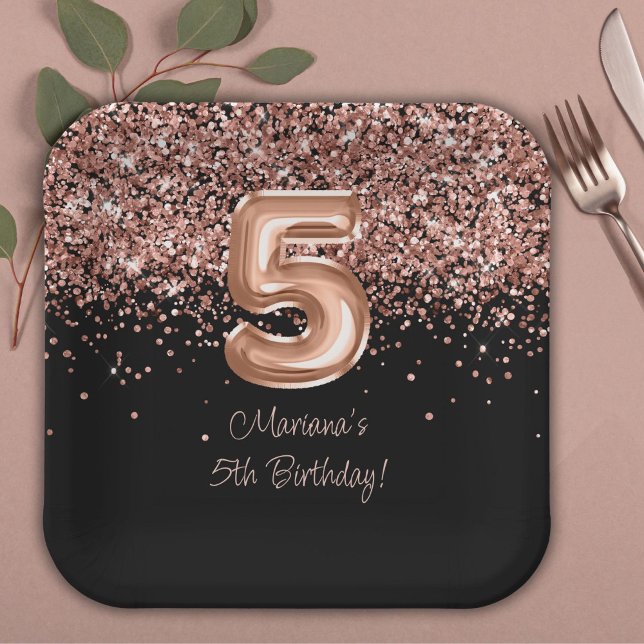 Assiettes En Carton Rose Gold Black 5e anniversaire fête (Créateur téléchargé)