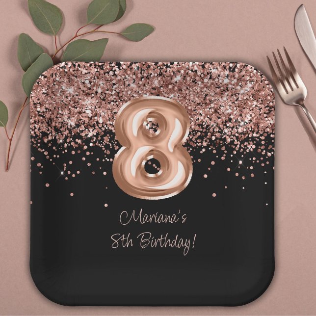 Assiettes En Carton Rose Gold Black 8e fête d'anniversaire (Créateur téléchargé)