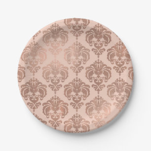 Assiettes En Carton Rose Gold Blush Rose Moderne Glam Damask