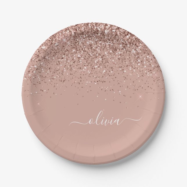 Assiettes En Carton Rose Gold - Blush Rose Pailleté Monogramme Nom (Devant)