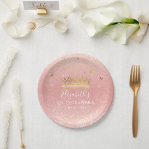 Assiettes En Carton Rose Gold Blush rose Quinceanera fête d'anniversai