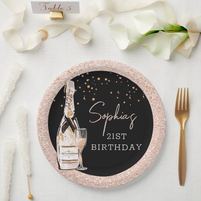 Assiettes En Carton Rose Gold Bubbly Champagne fête d'anniversaire (Mariage)