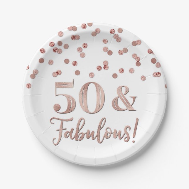 Assiettes En Carton Rose Gold Confetti 50 et fabuleux anniversaire (Devant)