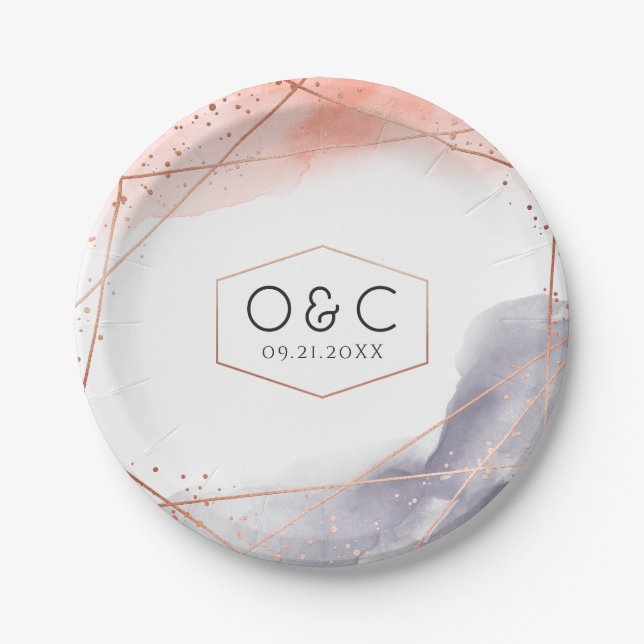 Assiettes En Carton Rose Gold Dawn Aquarelle Mariage géométrique (Devant)
