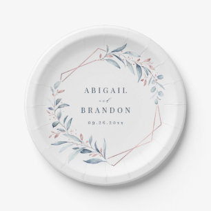 Assiettes En Carton Rose Gold Dusty Blue Greenery Mariage géométrique