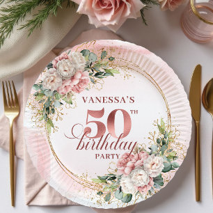 Assiettes En Carton Rose Gold Élégant Blush Peonies 50e Anniversaire 
