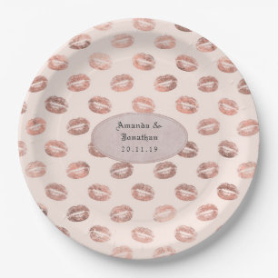 Assiettes En Carton Rose Gold et Blush Foil Lips Mariage