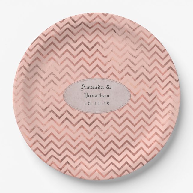 Assiettes En Carton Rose Gold et Blush Foil Mariage Chevron (Devant)