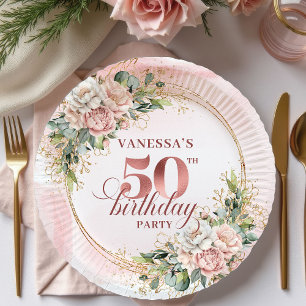 Assiettes En Carton Rose Gold Floral Rose Poussiéreuse Dîner 50e Anniv
