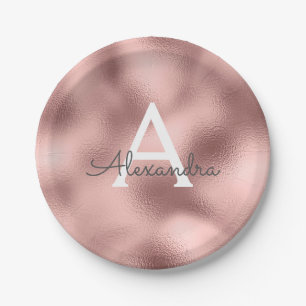 Assiettes En Carton Rose Gold Métallisé Monogramme Anniversaire