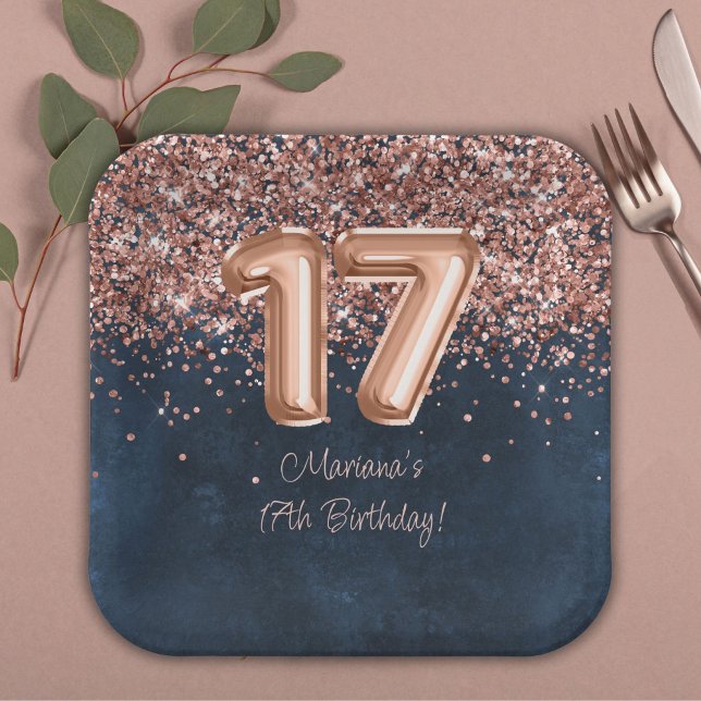 Assiettes En Carton Rose Gold Navy Blue 17th Birthday Party (Créateur téléchargé)