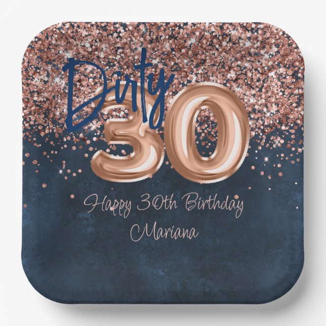 Assiettes En Carton Rose Gold Navy Blue 30th Birthday Party (Recto)