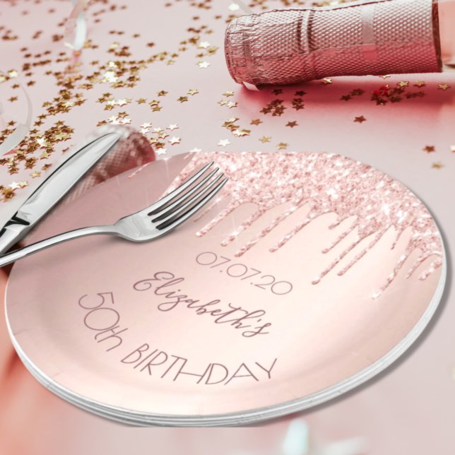 Assiettes En Carton Rose gold paillet giclures glamour nom d'anniversa (Créateur téléchargé)