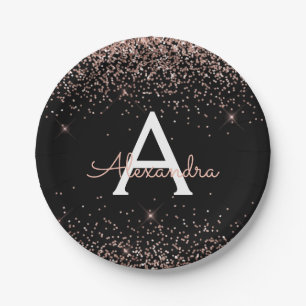 Assiettes En Carton Rose Gold Pailleté Anniversaire Monogramme