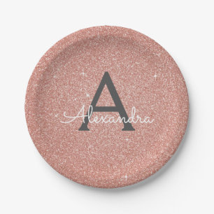 Assiettes En Carton Rose Gold Pailleté Anniversaire Monogramme Rose