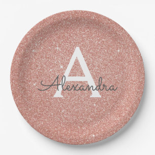 Assiettes En Carton Rose Gold Pailleté et Étincelant Monogramme Annive