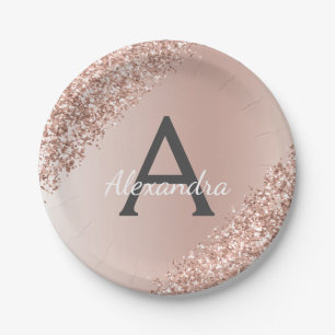 Assiettes En Carton Rose Gold Pailleté et Étincelant Monogramme Annive