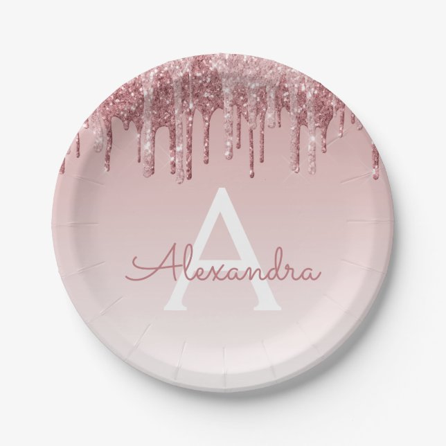 Assiettes En Carton Rose Gold Pailleté et Monogramme Anniversaire Rose (Devant)