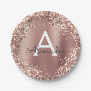 Assiettes En Carton Rose Gold Pailleté et Strass Monogramme Anniversai