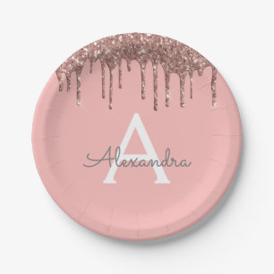 Assiettes En Carton Rose Gold Pailleté Monogramme Anniversaire Rose Bl