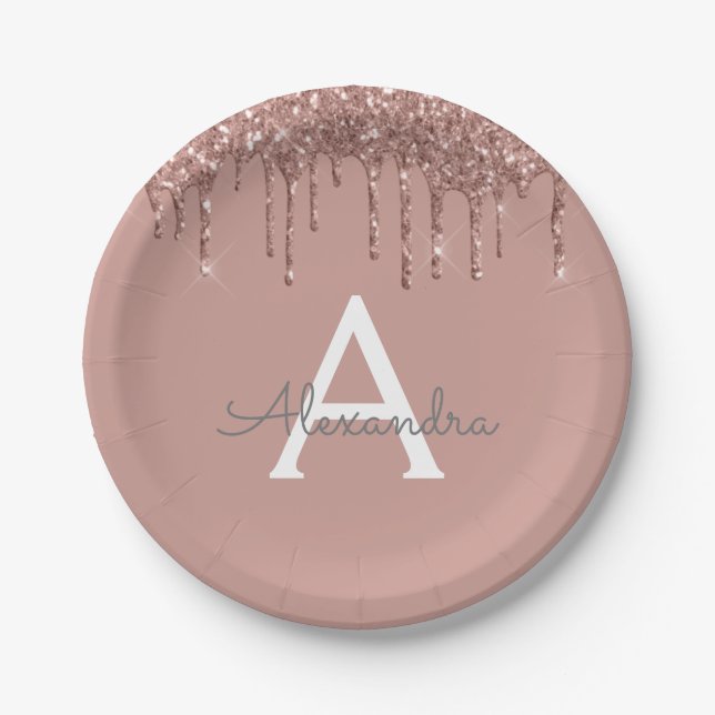 Assiettes En Carton Rose Gold Pailleté Monogramme Anniversaire Rose Pâ (Devant)