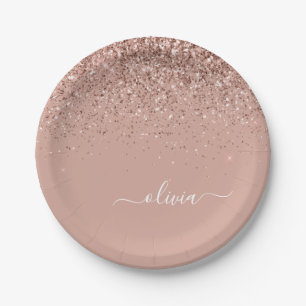 Assiettes En Carton Rose Gold - Pailleté Monogramme Rose Pâle
