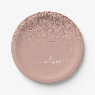 Assiettes En Carton Rose Gold - Pailleté Monogramme Rose Pâle
