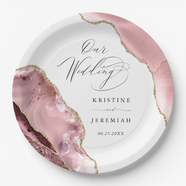 Assiettes En Carton Rose Gold Parties scintillant noir Script Mariage  (Devant)