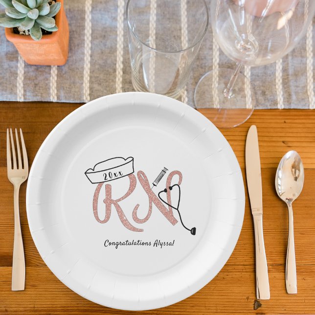 Assiettes En Carton Rose Gold parties scintillant RN graduation pinnin (Créateur téléchargé)