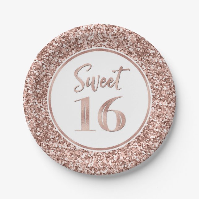 Assiettes En Carton Rose Gold Parties scintillant Sweet 16 Anniversair (Devant)