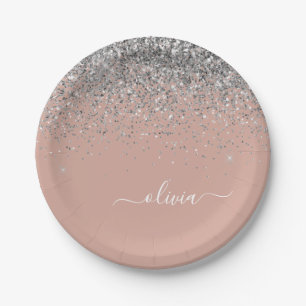 Assiettes En Carton Rose Gold Rose Pâle Pailleté Argent Monogramme