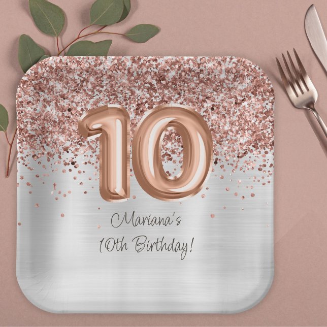 Assiettes En Carton Rose Gold Silver 10e fête d'anniversaire (Créateur téléchargé)