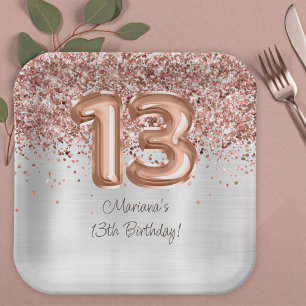 Assiettes En Carton Rose Gold Silver 13e fête d'anniversaire