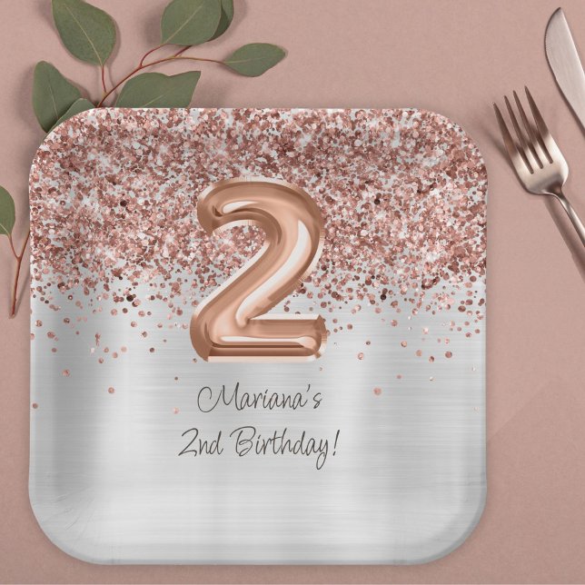 Assiettes En Carton Rose Gold Silver 2e fête d'anniversaire (Créateur téléchargé)