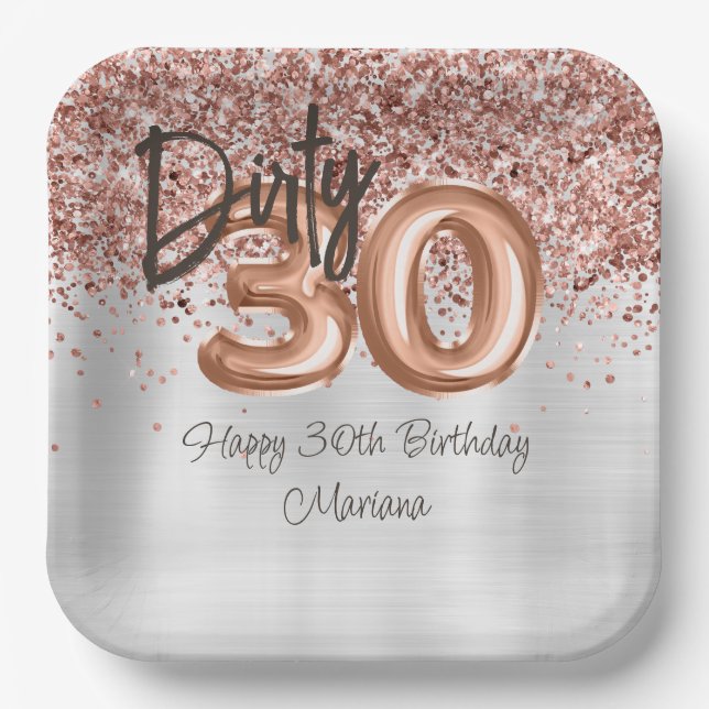 Assiettes En Carton Rose Gold Silver 30e fête d'anniversaire (Recto)
