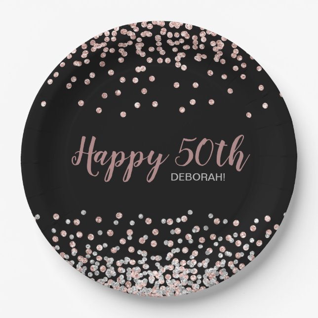 Assiettes En Carton Rose Gold Silver Confetti 50e fête d'anniversaire (Devant)