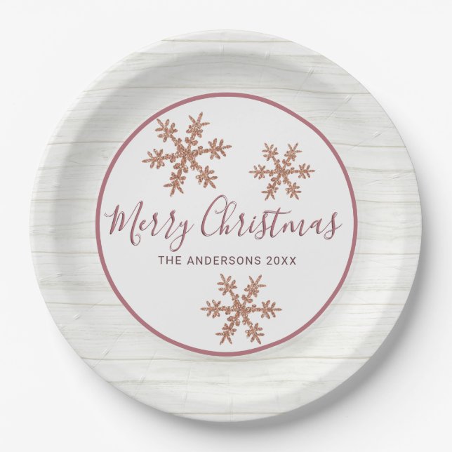 Assiettes En Carton Rose Gold Snowflake Chic Holiday Elegant Party (Devant)