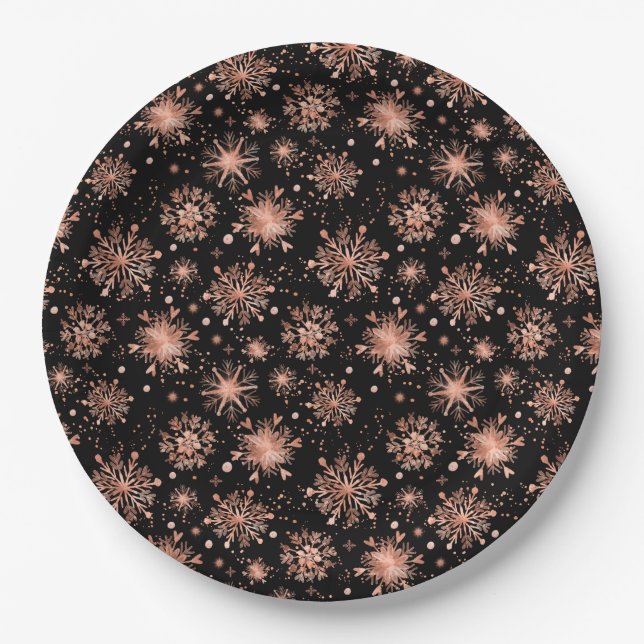 Assiettes En Carton Rose Gold Snowflakes sur Black (Devant)