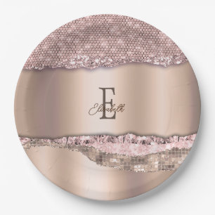 Assiettes En Carton Rose Gold Tendance Diamants Paillettes Monogramme