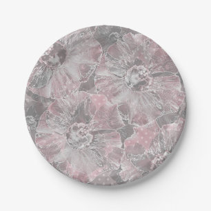Assiettes En Carton rose, gris, élégant, grand, fleurs, fleurs roses,