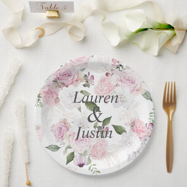 Assiettes En Carton Rose Jardin Floral Monogramme Mariage (Mariage)