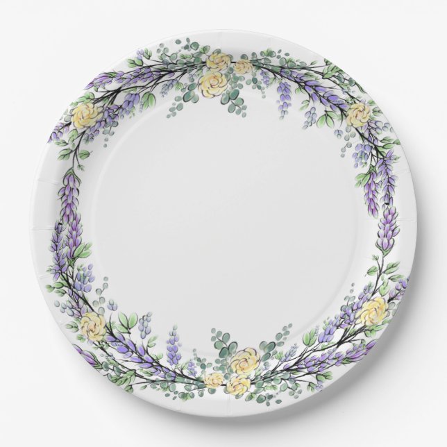 Assiettes En Carton Rose jaune lavande et Eucalyptus (Devant)