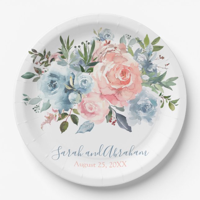 Assiettes En Carton Rose Mariage rose et bleu roux (Devant)