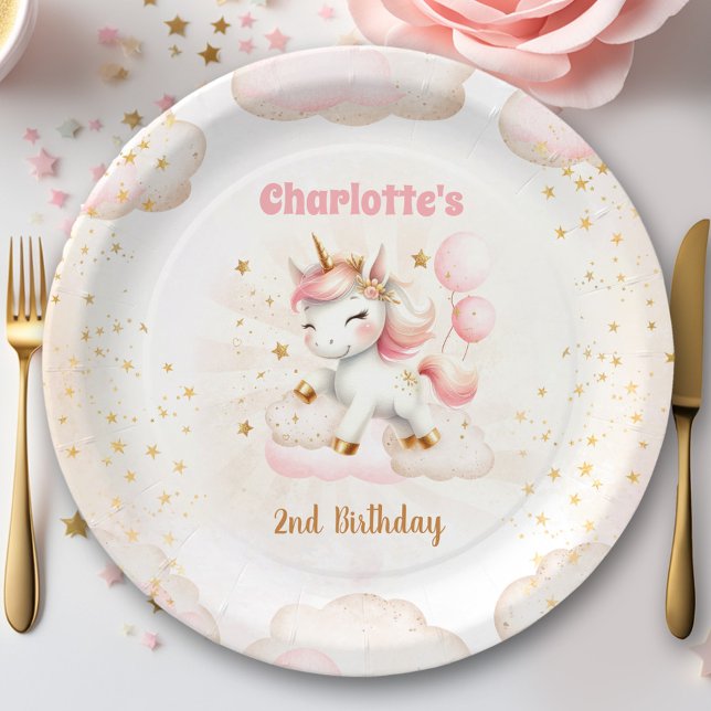 Assiettes En Carton Rose mignon Unicorn fille Anniversaire (Pink Cute Unicorn Girl Birthday Paper Plates)