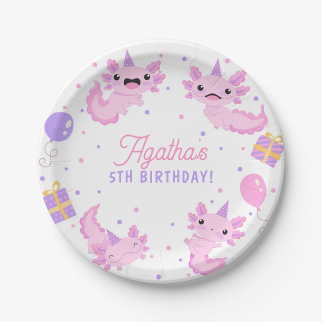 Assiettes En Carton Rose mignonne Axolotl fille Anniversaire (Devant)