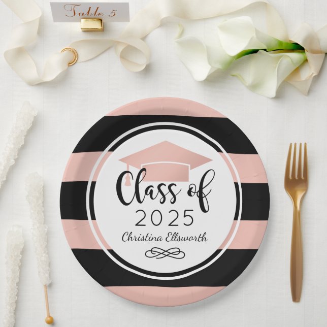 Assiettes En Carton Rose moderne Gold Black Grilles Diplôme personnali (Mariage)