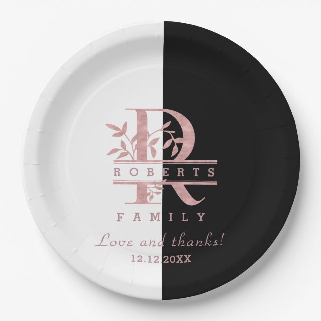 Assiettes En Carton Rose moderne Gold Split Monogramme personnalisé R (Devant)
