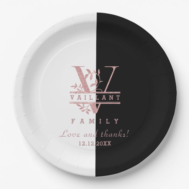 Assiettes En Carton Rose moderne Gold Split Monogramme personnalisé V (Devant)