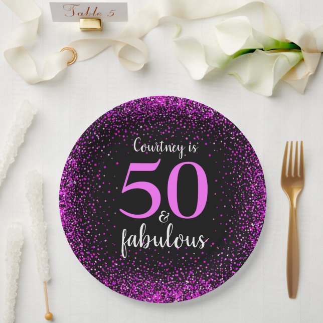 Assiettes En Carton Rose & noir personnalisées 50 et papier fabuleux (Mariage)